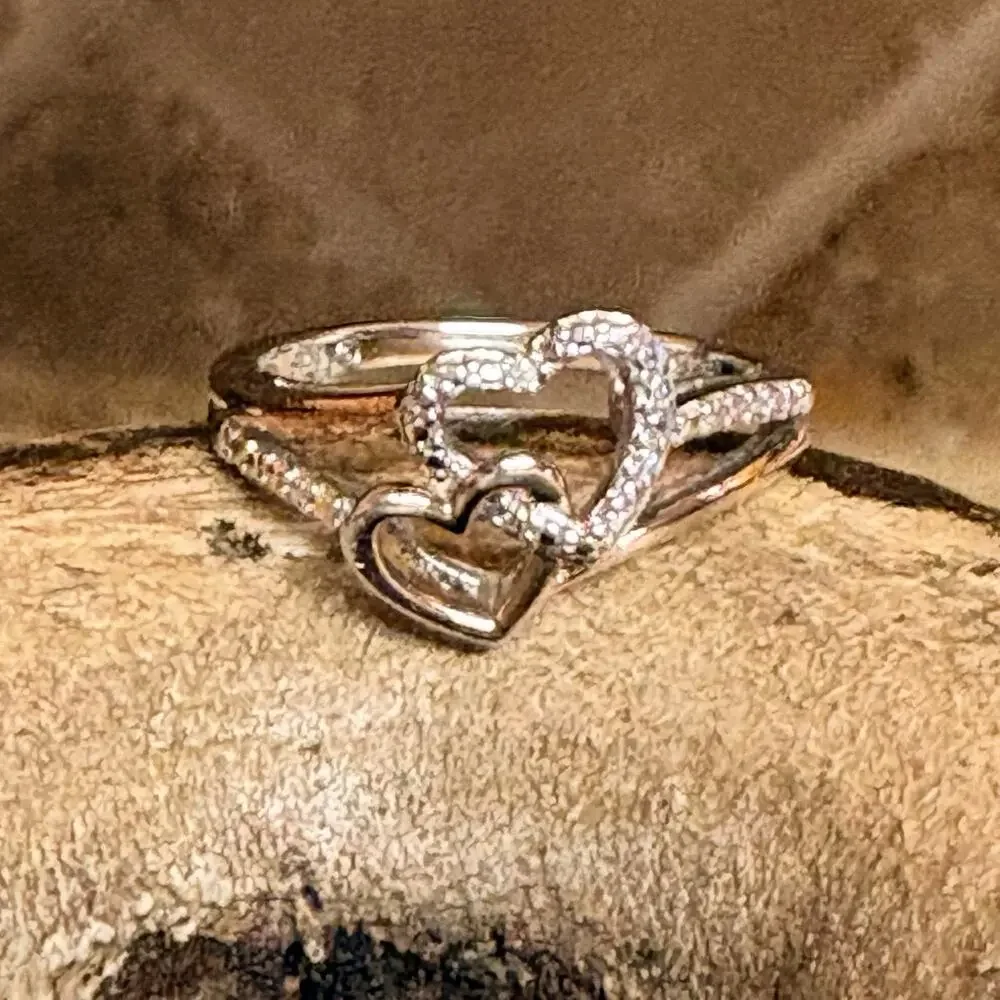 Heart Ring Size 7 Sterling Silver Two Tone w/ Diamonds Interlocking & Rose Gold